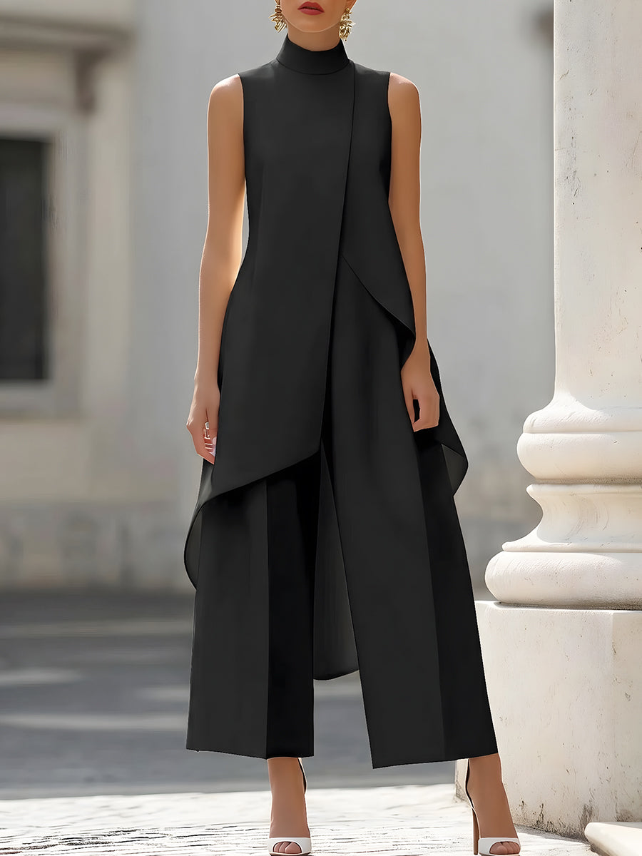 Women's Summer Top High Neck Sleeveless Two-Piece Set & Wide-Leg Pants