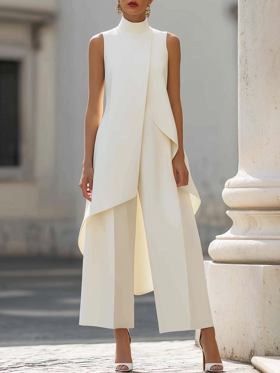 Women's Summer Top High Neck Sleeveless Two-Piece Set & Wide-Leg Pants