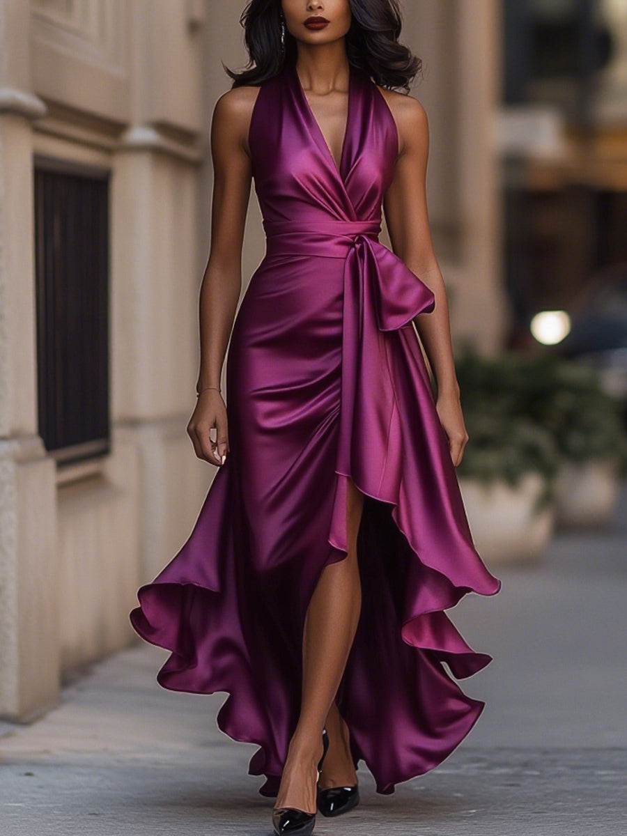 Women's Halter Maxi Dress Ruffle Hem