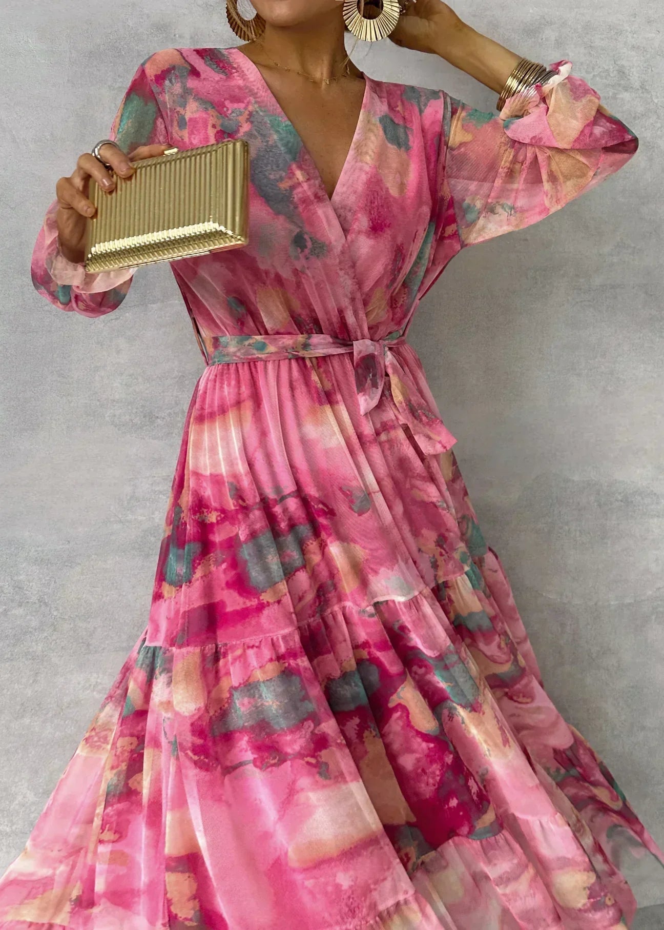 Women's Floral Maxi Dress | Long Sleeve, V-Neck, Casual