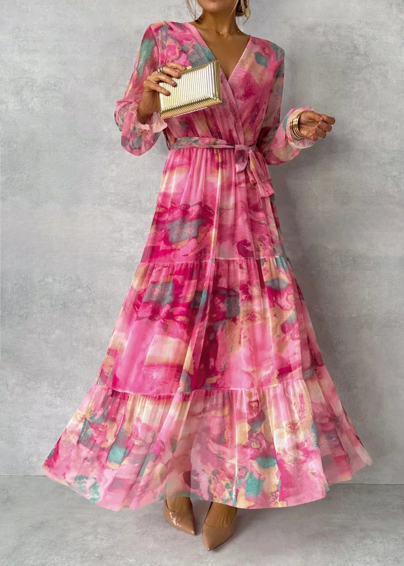Women's Floral Maxi Dress | Long Sleeve, V-Neck, Casual