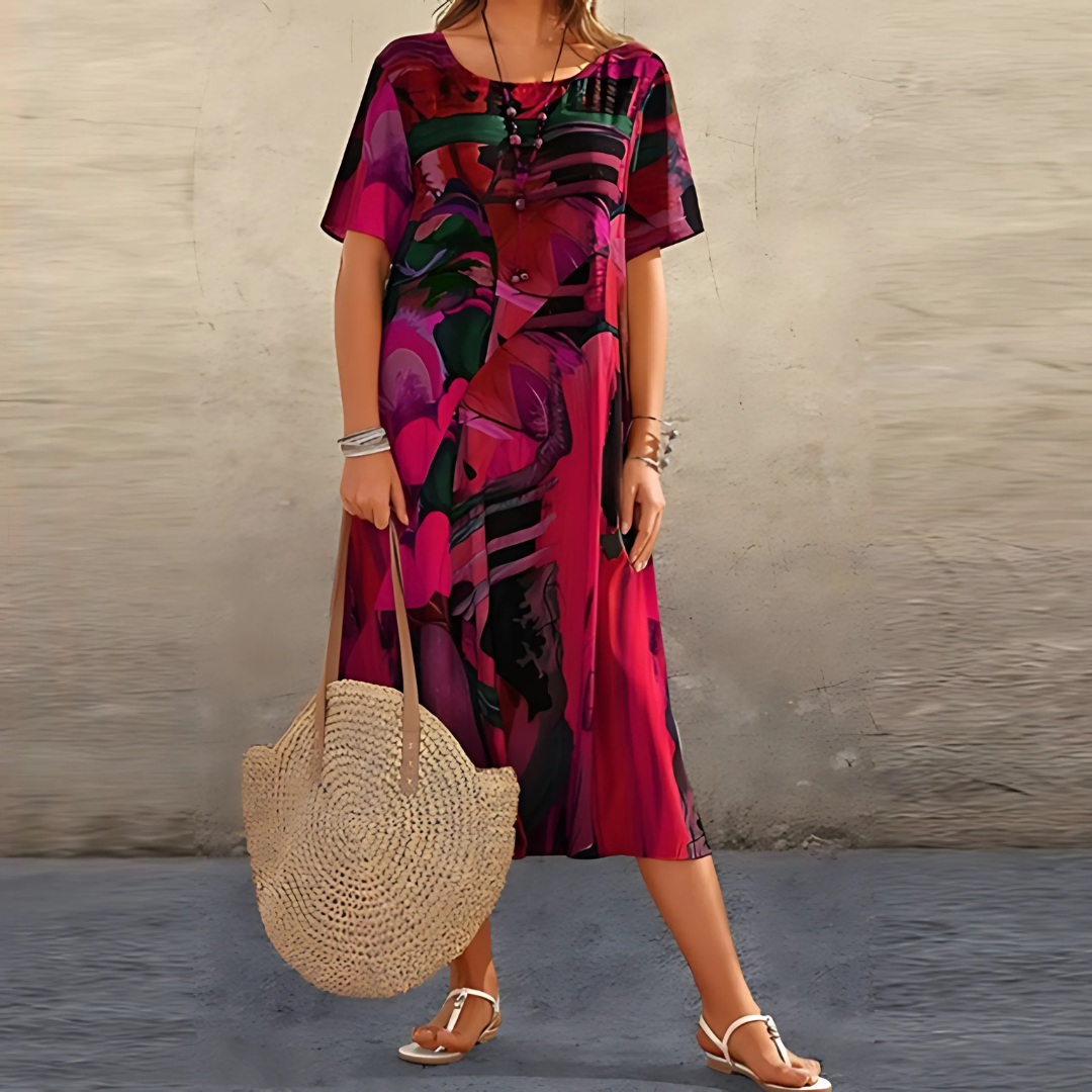Women's Floral Dress Short Sleeve V-Neck Midi Casual Summer