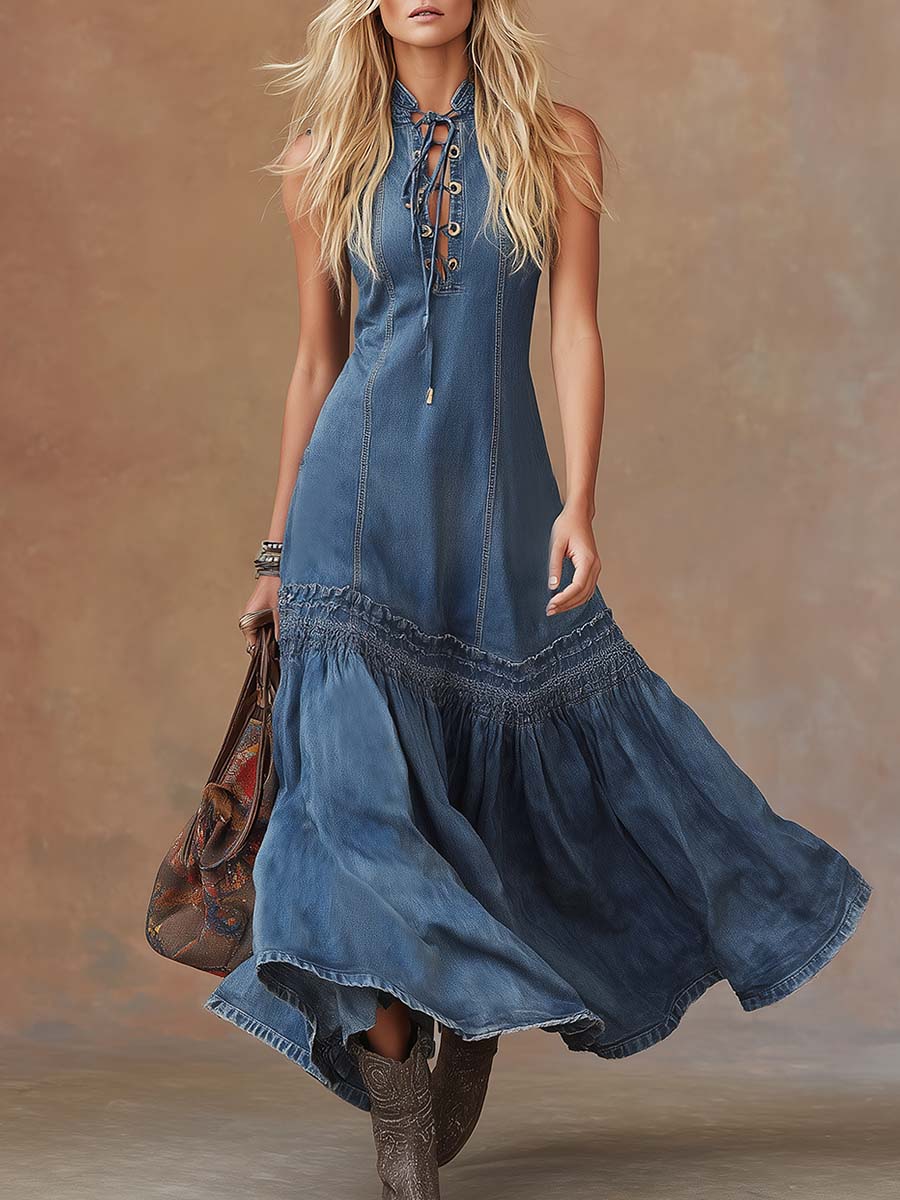 Women's Maxi Dress Tie-Neck Sleeveless Bubble Hem Denim