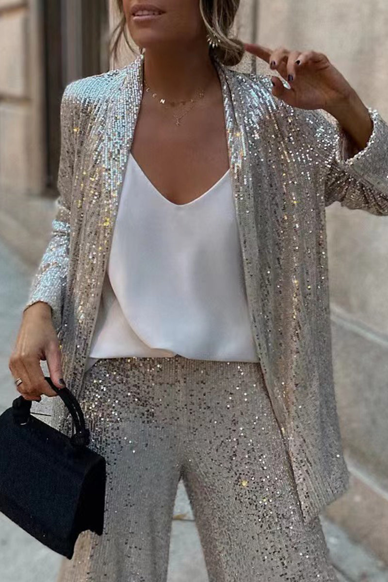 Women's Sequin Blazer Set | Long Sleeve Jacket and Trousers | Two-Piece Outfit
