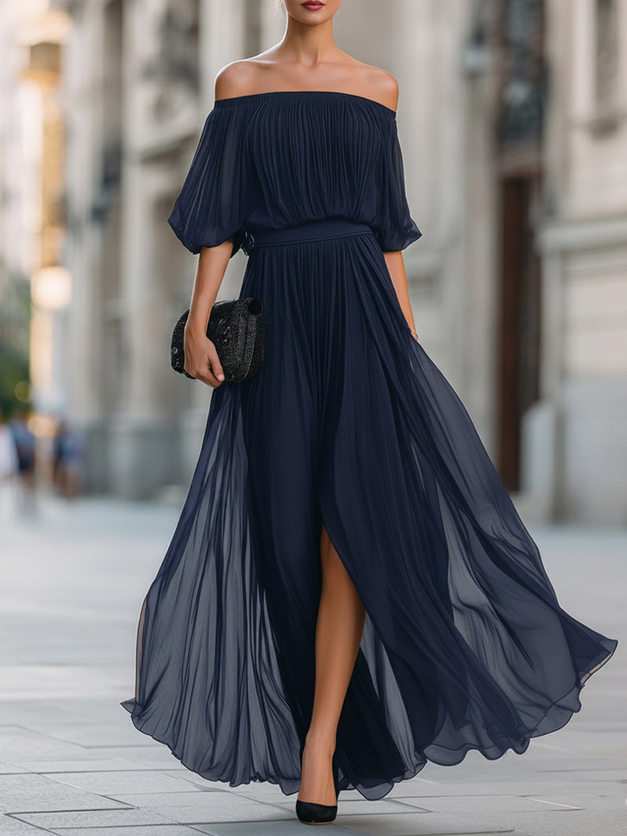 Women's Maxi Dress Off Shoulder Pleated Skirt Formal Wedding Guest