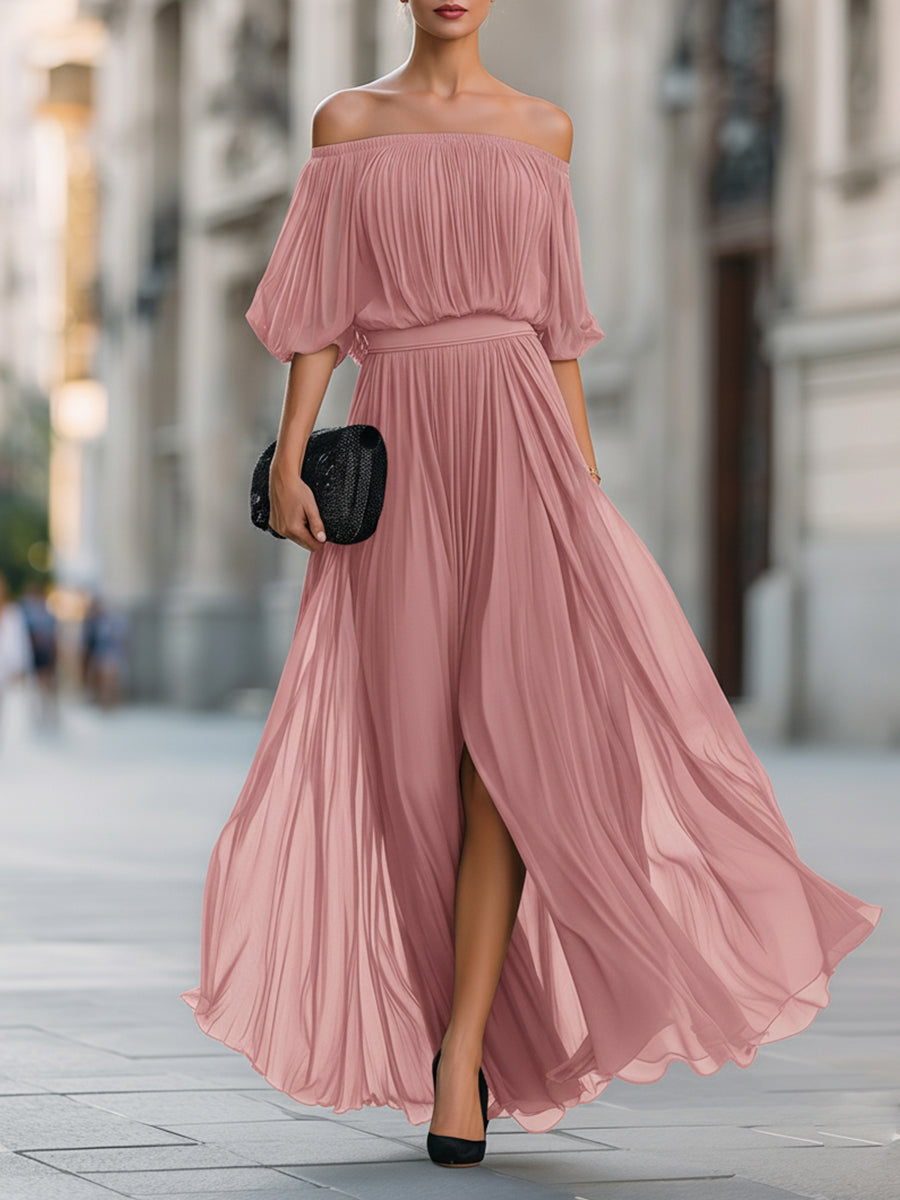 Women's Maxi Dress Off Shoulder Pleated Skirt Formal Wedding Guest