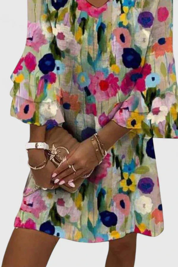 Women's Mini Dress V-Neck Short Sleeve Floral Print Casual