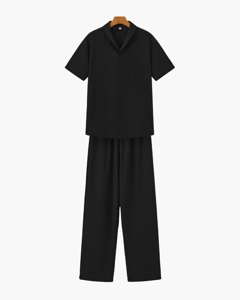 Men's Casual Short Sleeve V-Neck Shirt & Pants Two-Piece Set