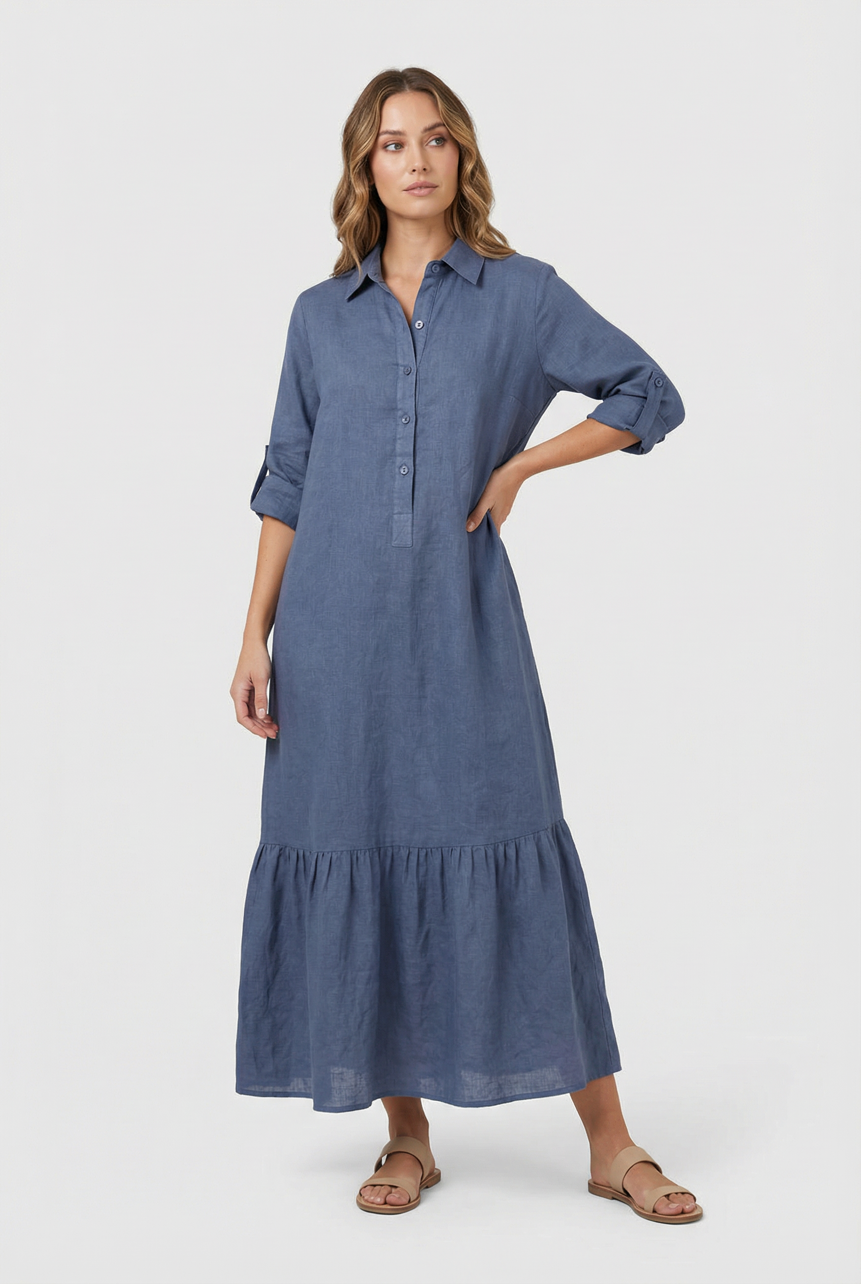 Women's Maxi Dress Cotton Tiered Long Sleeve Ankle-Length