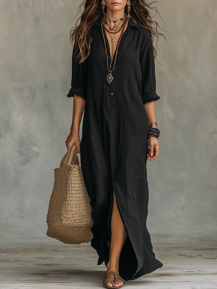 Women's Bohemian Maxi Dress Black Button-Front Detail Long Sleeve Casual