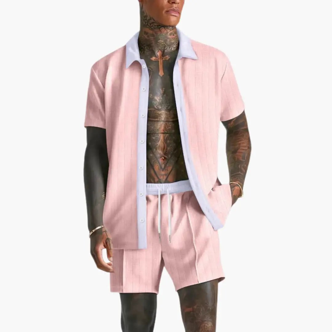Men's Summer Relaxed Set Shorts & Shirt Contrasting Collar Casual Outfit
