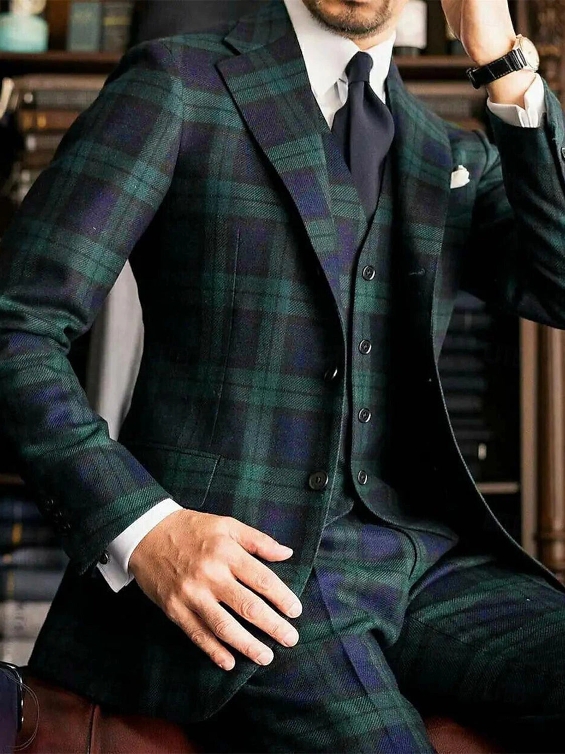 Men's Wedding Suit Tailored Fit Plaid Single Breasted 3 Piece Dark Green