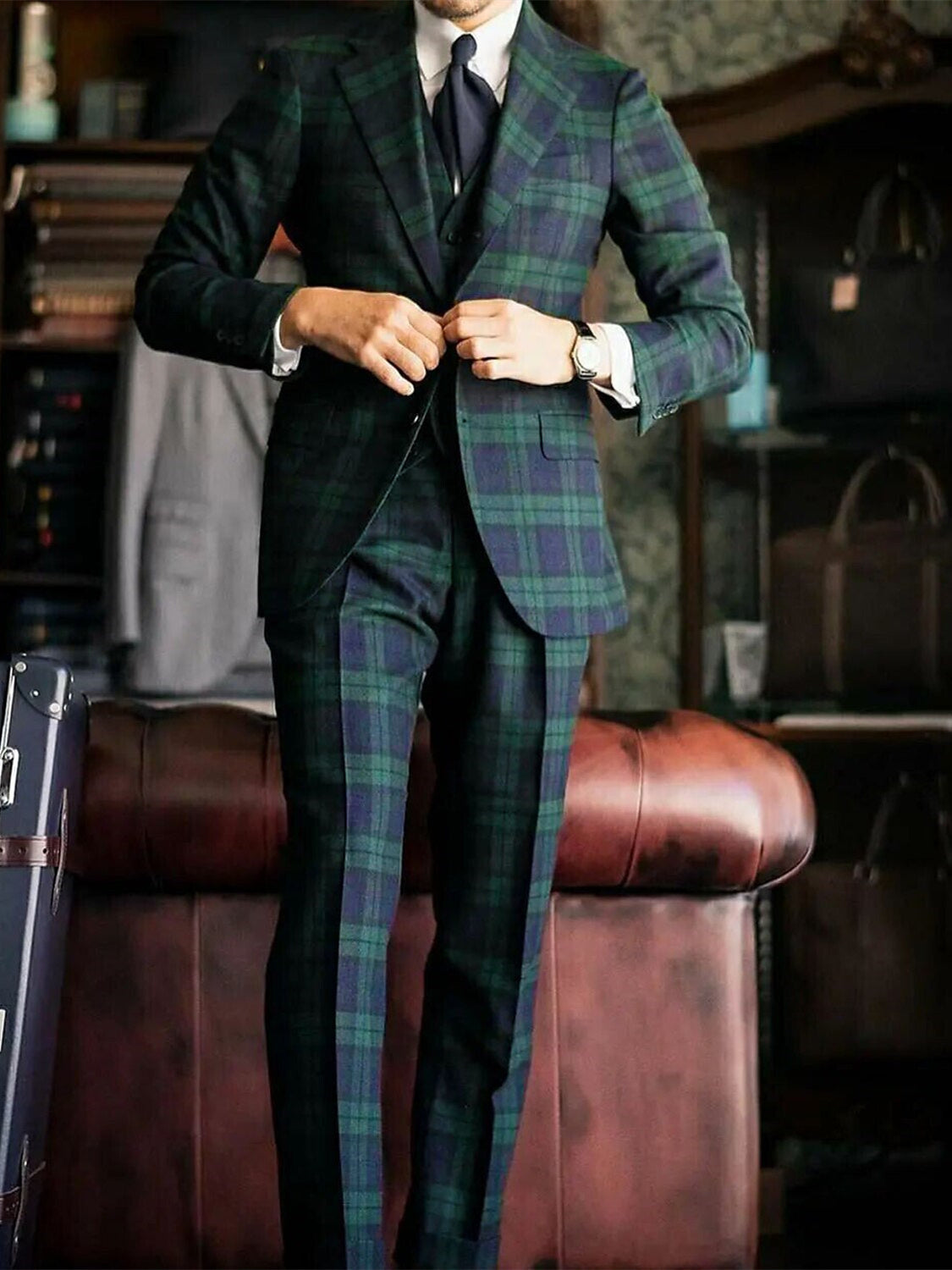 Men's Wedding Suit Tailored Fit Plaid Single Breasted 3 Piece Dark Green