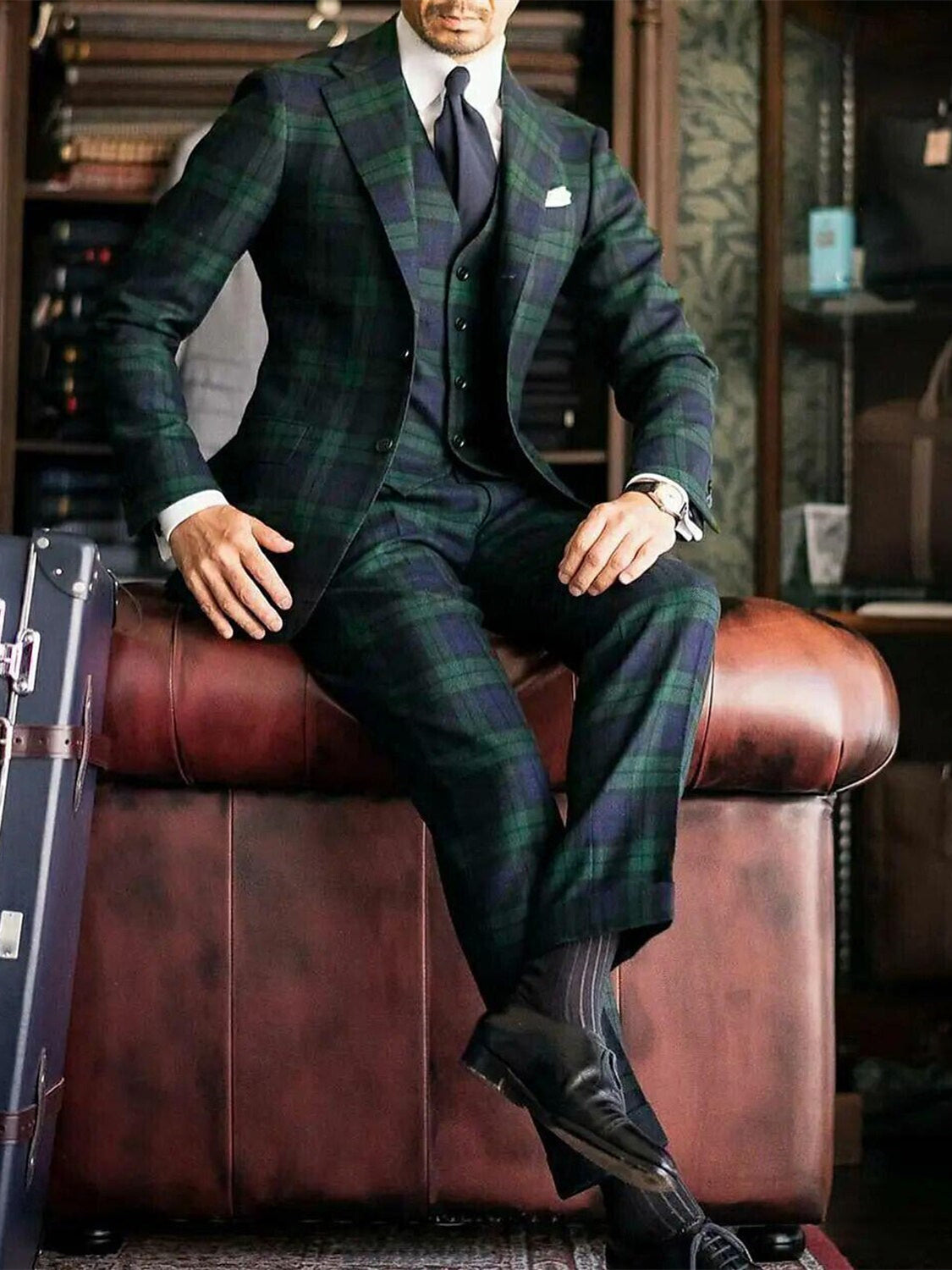 Men's Wedding Suit Tailored Fit Plaid Single Breasted 3 Piece Dark Green