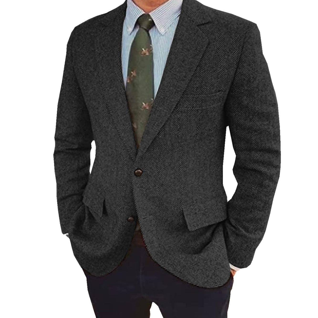 Men's Herringbone Blazer Single-Breasted Two-Button Winter Jacket