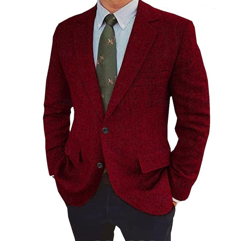 Men's Herringbone Blazer Single-Breasted Two-Button Winter Jacket