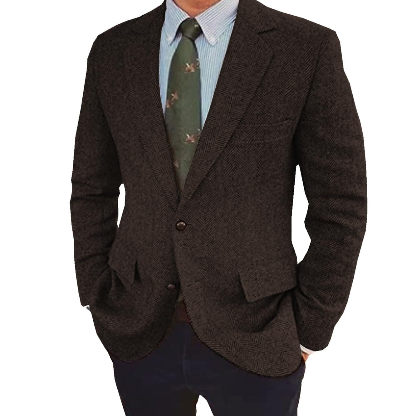 Men's Herringbone Blazer Single-Breasted Two-Button Winter Jacket