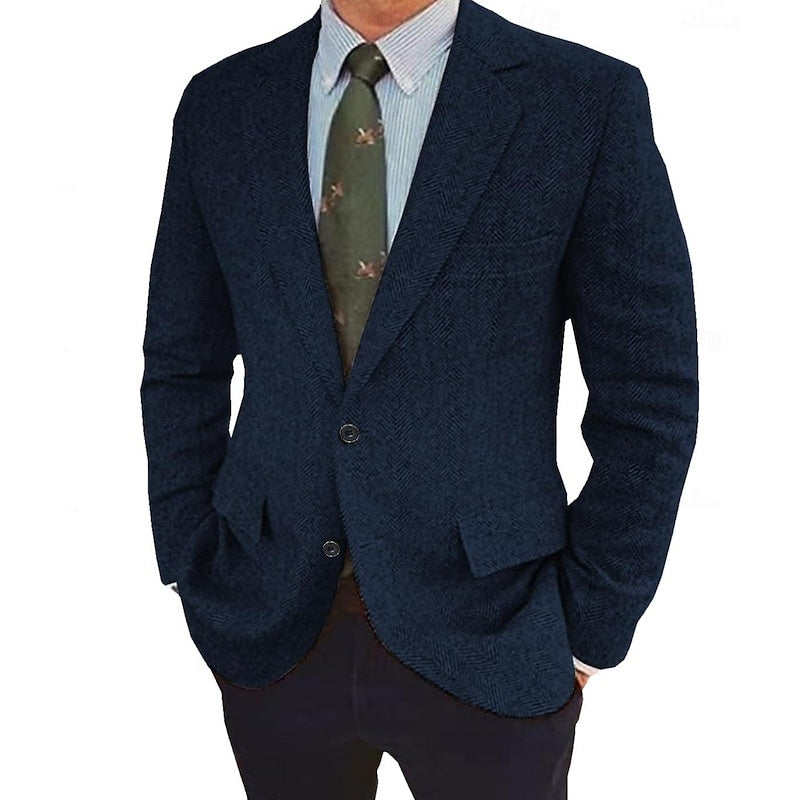 Men's Herringbone Blazer Single-Breasted Two-Button Winter Jacket