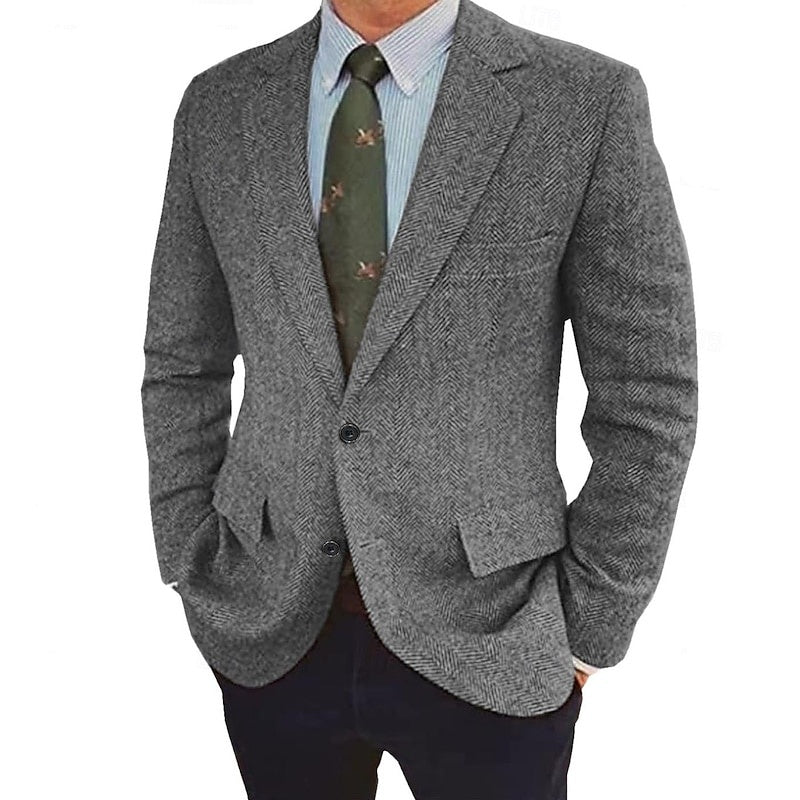 Men's Herringbone Blazer Single-Breasted Two-Button Winter Jacket