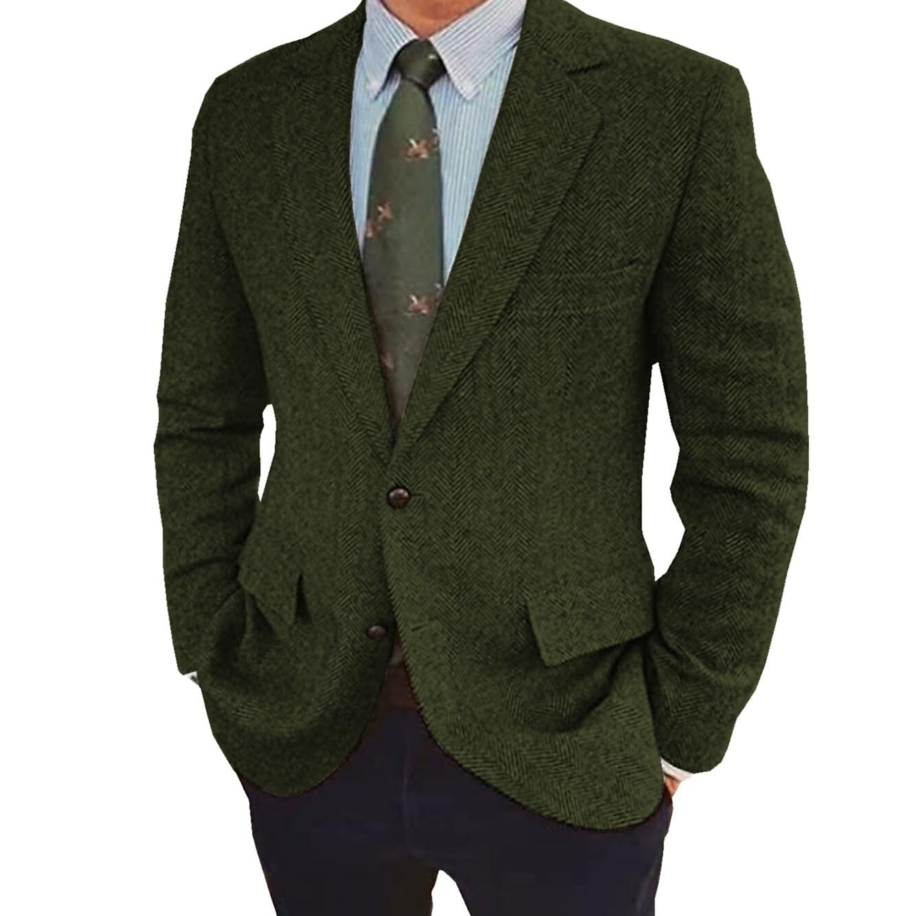 Men's Herringbone Blazer Single-Breasted Two-Button Winter Jacket