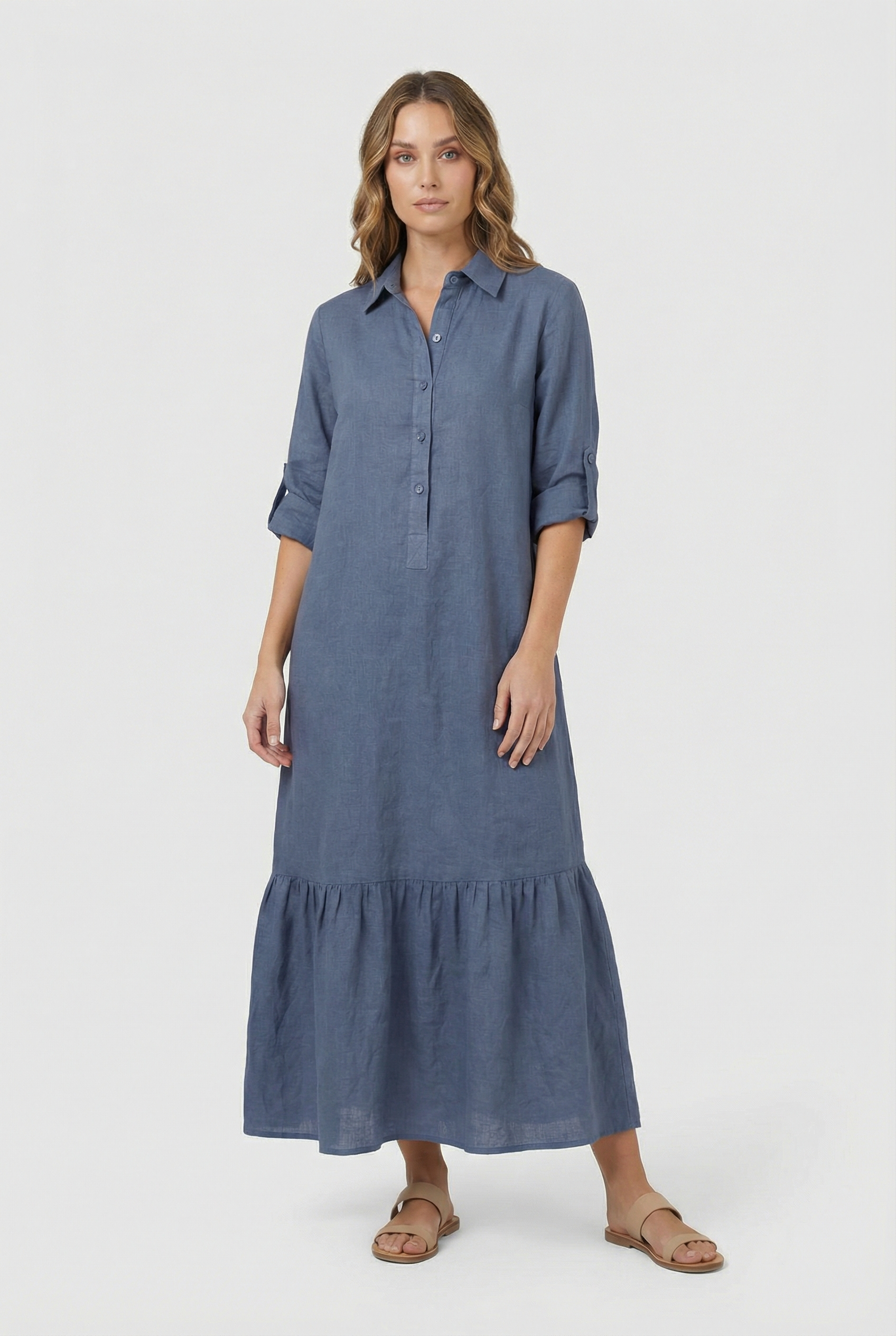 Women's Maxi Dress Cotton Tiered Long Sleeve Ankle-Length