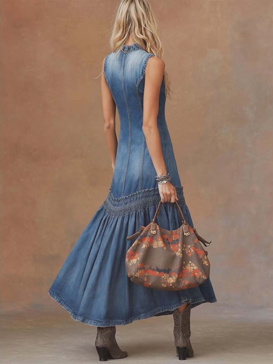 Women's Maxi Dress Tie-Neck Sleeveless Bubble Hem Denim