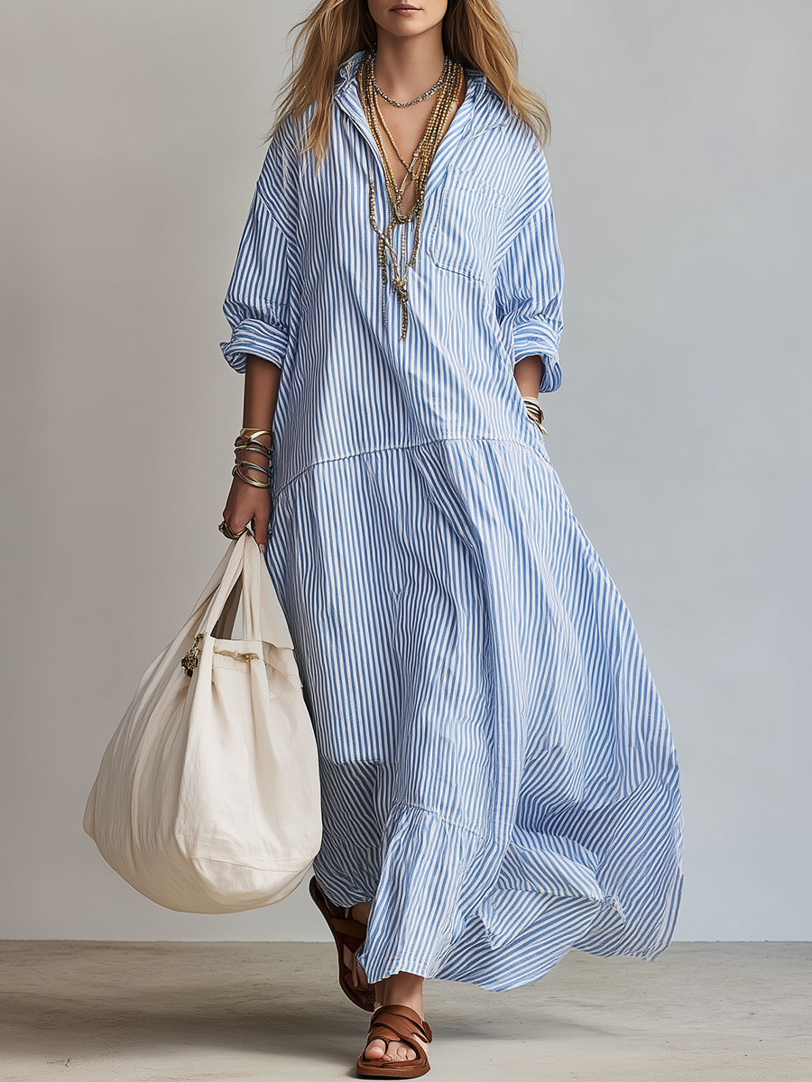 Women's Maxi Shirt Dress Striped Button Front Oversized Long Sleeve