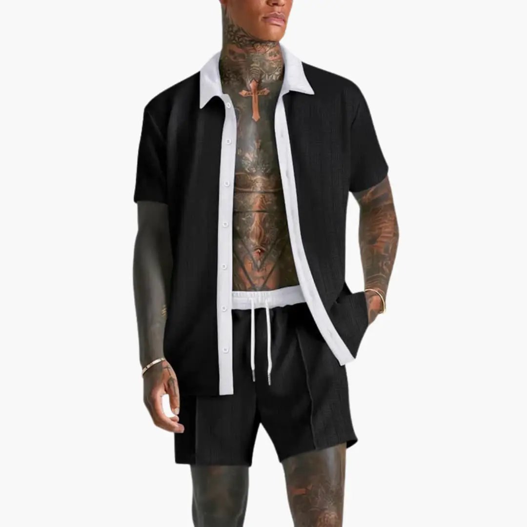 Men's Summer Relaxed Set Shorts & Shirt Contrasting Collar Casual Outfit