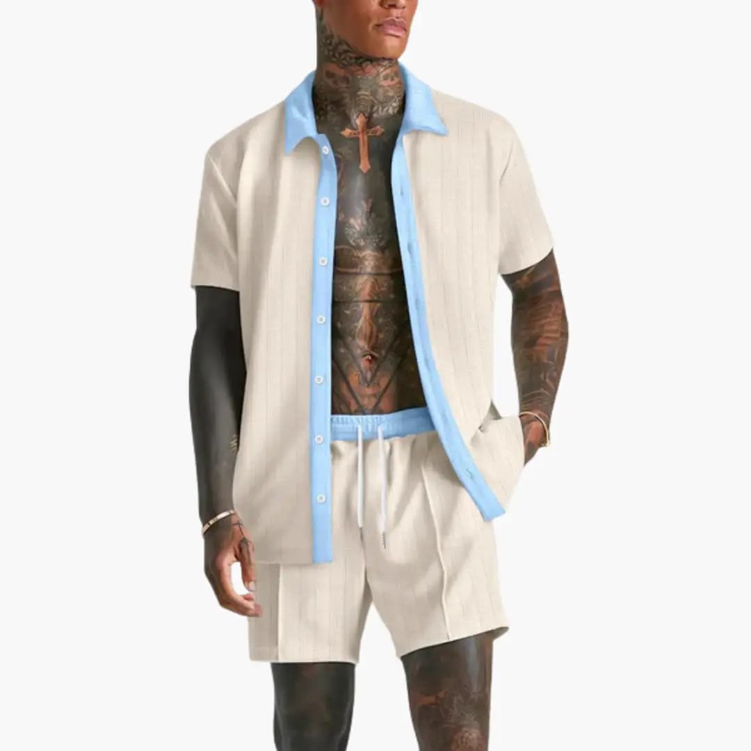 Men's Summer Relaxed Set Shorts & Shirt Contrasting Collar Casual Outfit