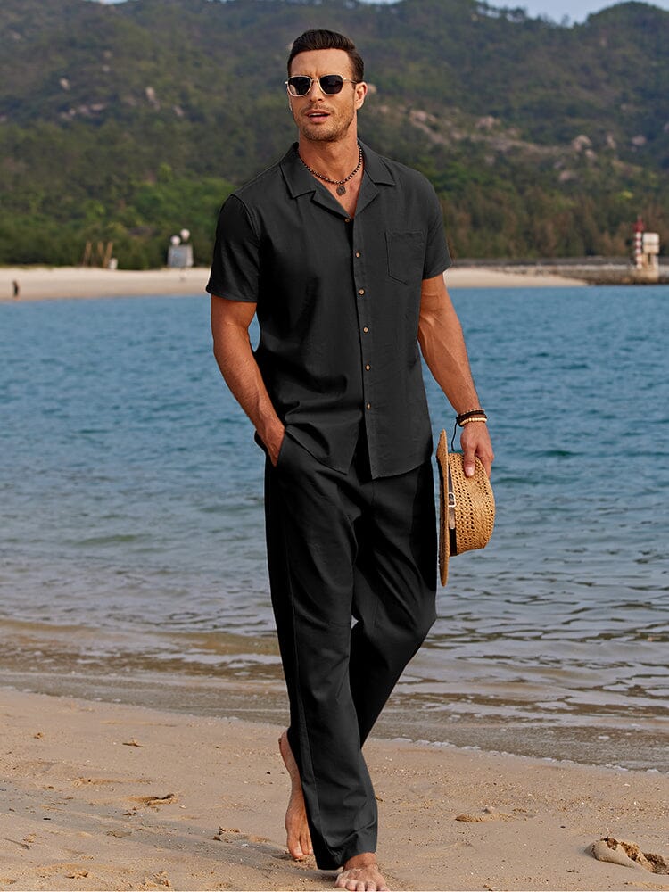 Men's Two-Piece Shirt Set with Matching Linen Pants