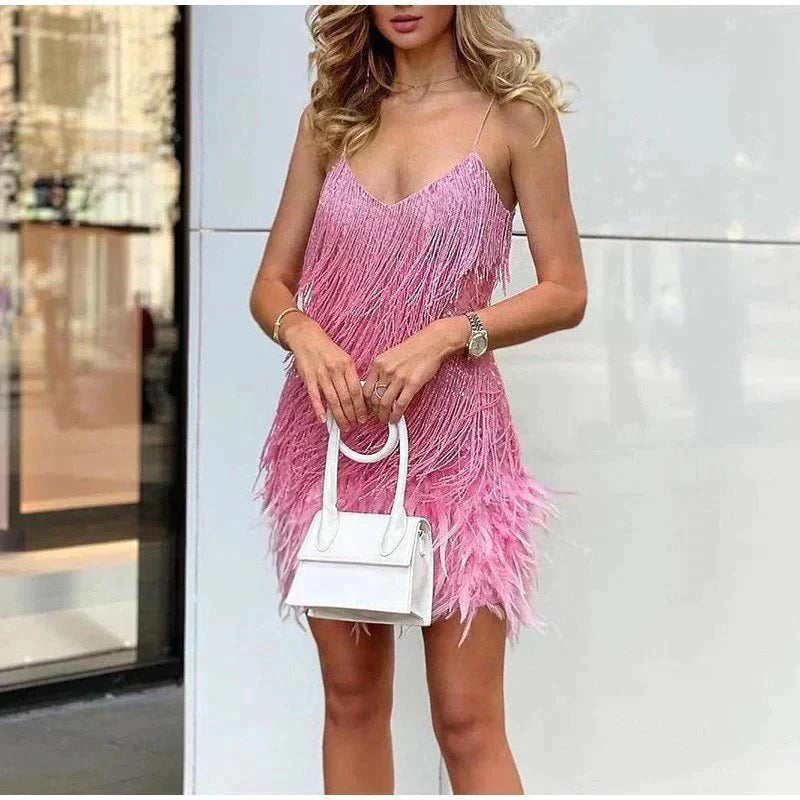 Women's Mini Dress Feather Design Flattering Fit