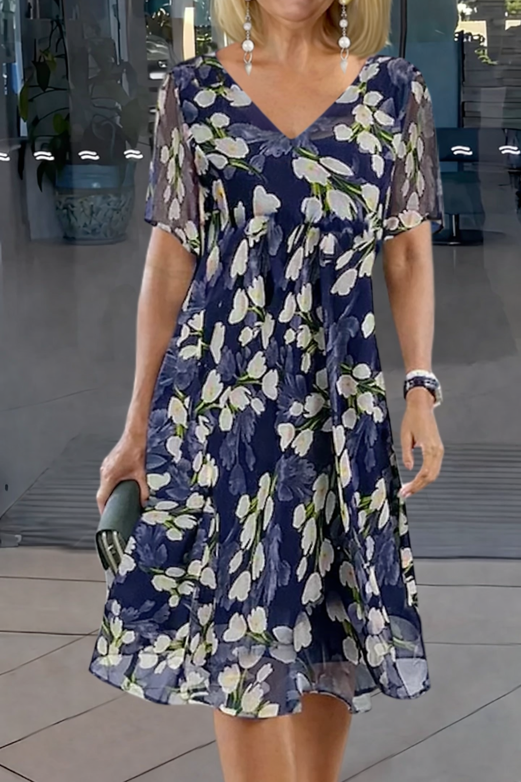 Women's Floral Print Double Tunic Dress - Short Sleeve, Casual Summer Wear