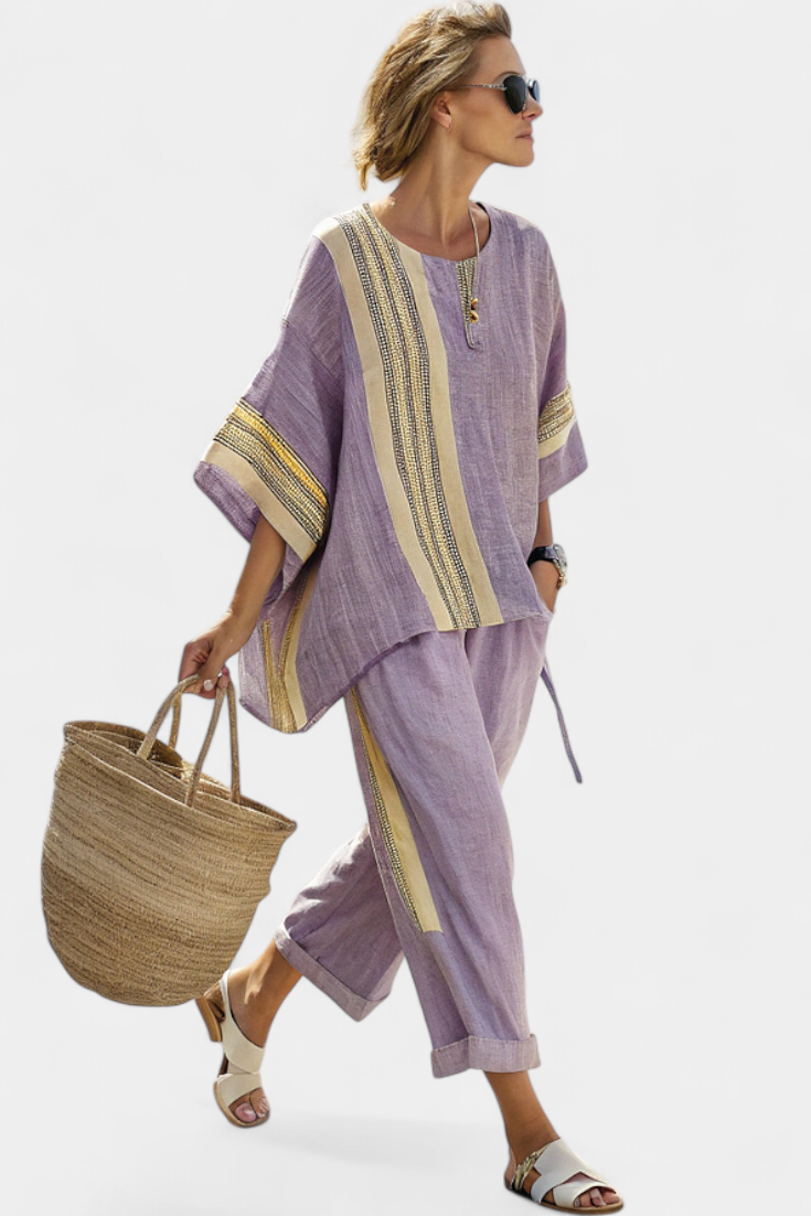 Ella | Women's Bamboo Linen Striped Outfit Set 0