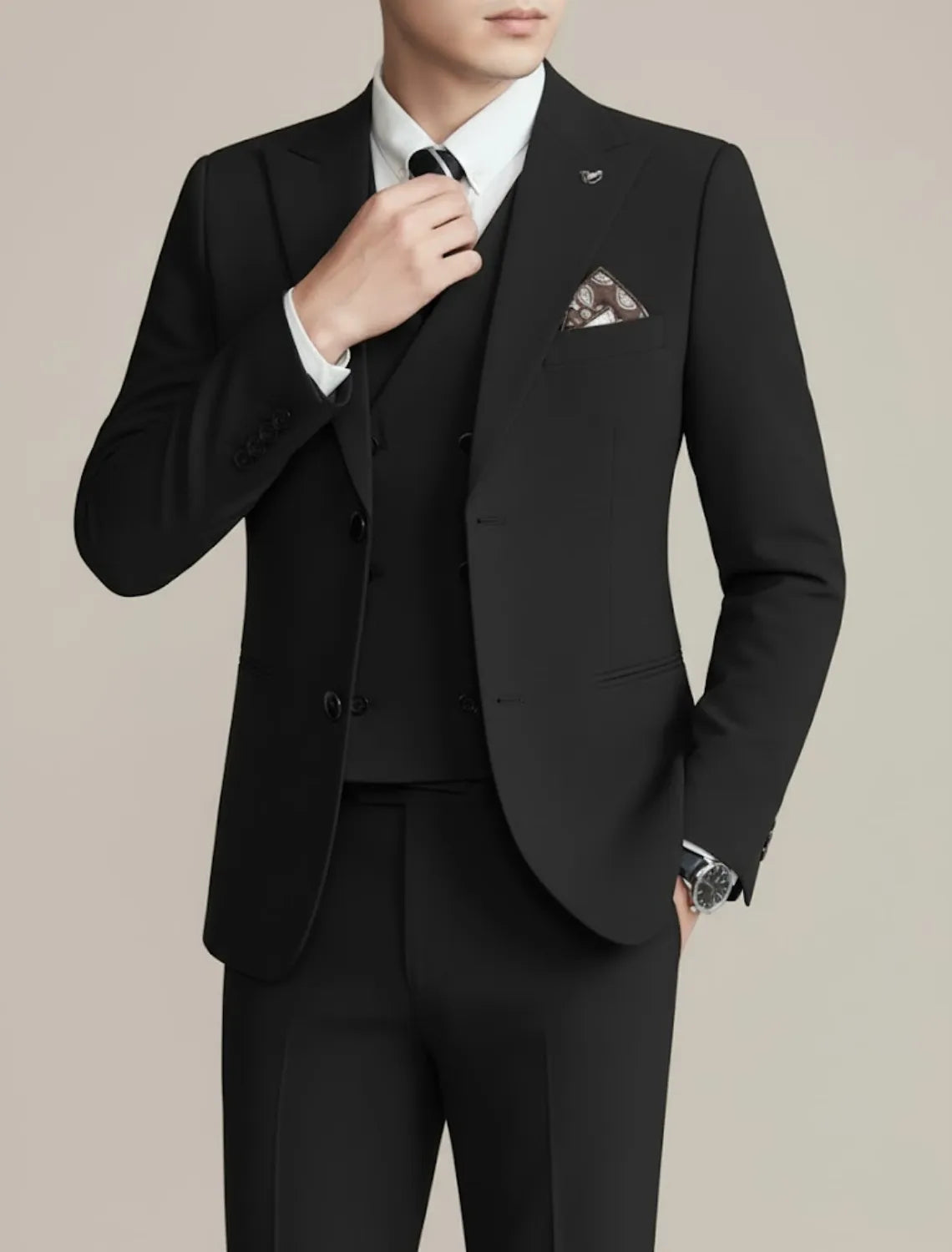 Men's Three-Piece Suit Black Formal Attire for Weddings Events