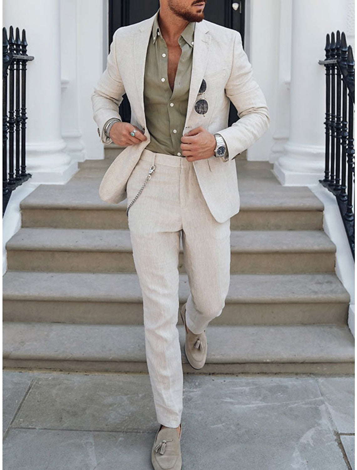 Men's Linen Suit Notch Neckline Pockets Casual