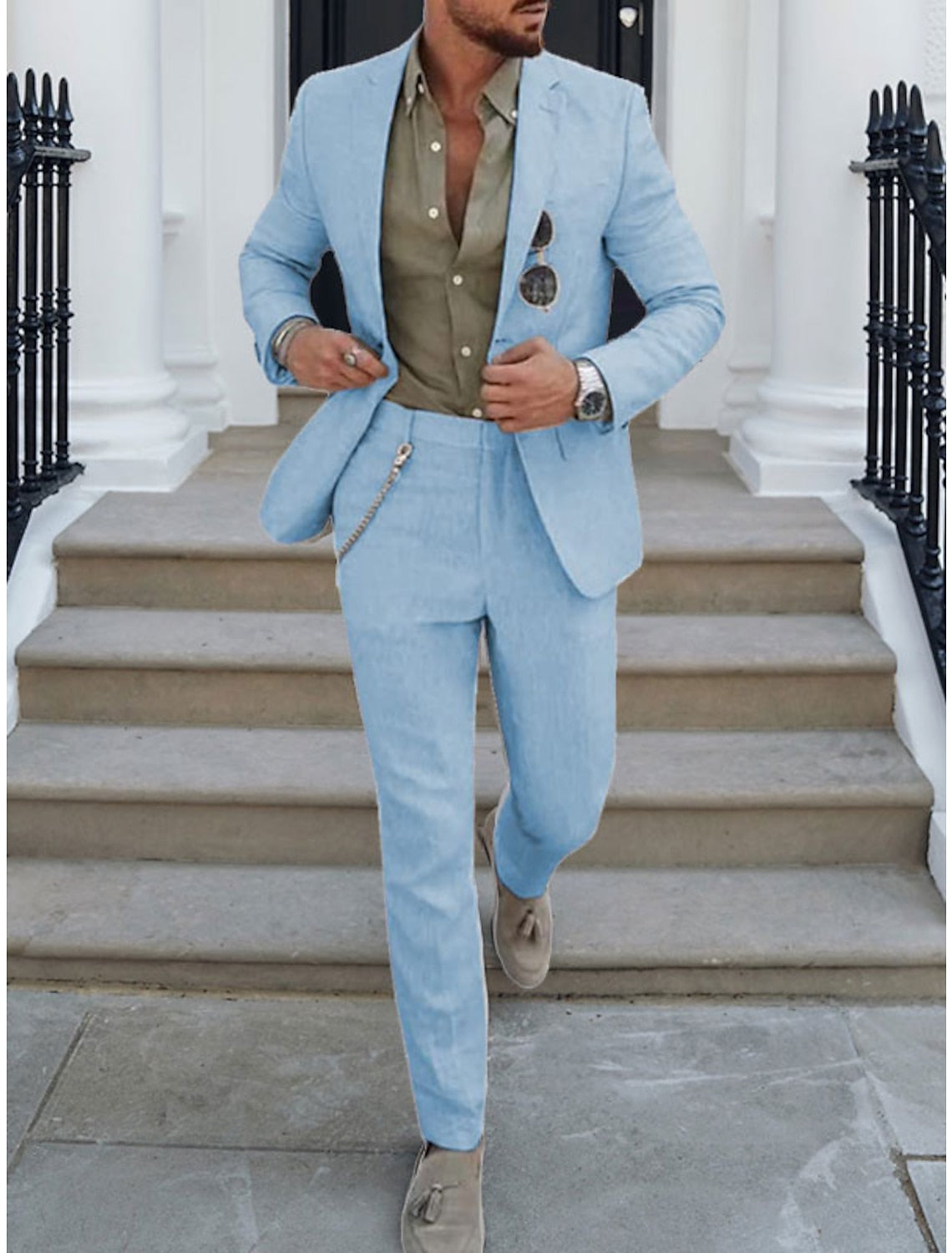 Men's Linen Suit Notch Neckline Pockets Casual
