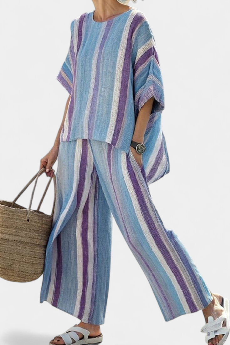 Fiona | Women's Elegant Flowy Blouse & Striped Pants 0