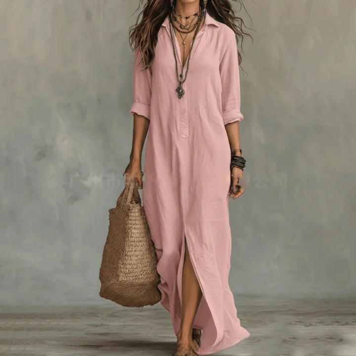 Linen-Blend Shirt Dress Button Placket Side Slits Casual Wear 3