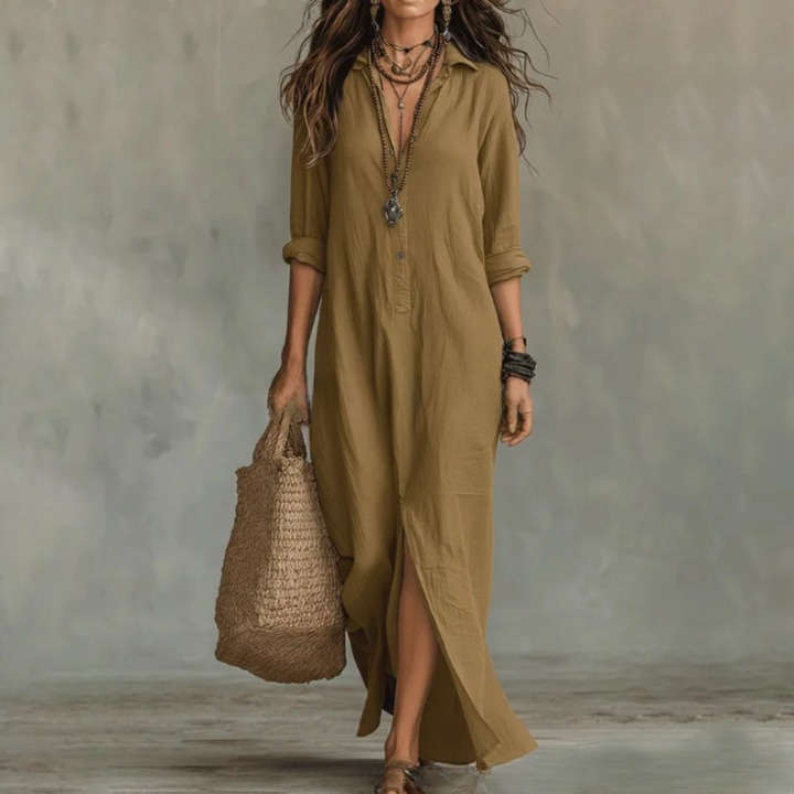 Linen-Blend Shirt Dress Button Placket Side Slits Casual Wear 4