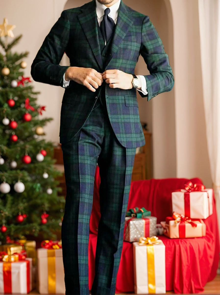Men's Wedding Suit Tailored Fit Plaid Single Breasted 3 Piece Dark Green