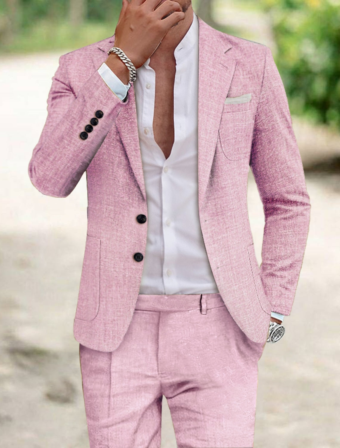 Men's Linen Suit Set Notch Neckline