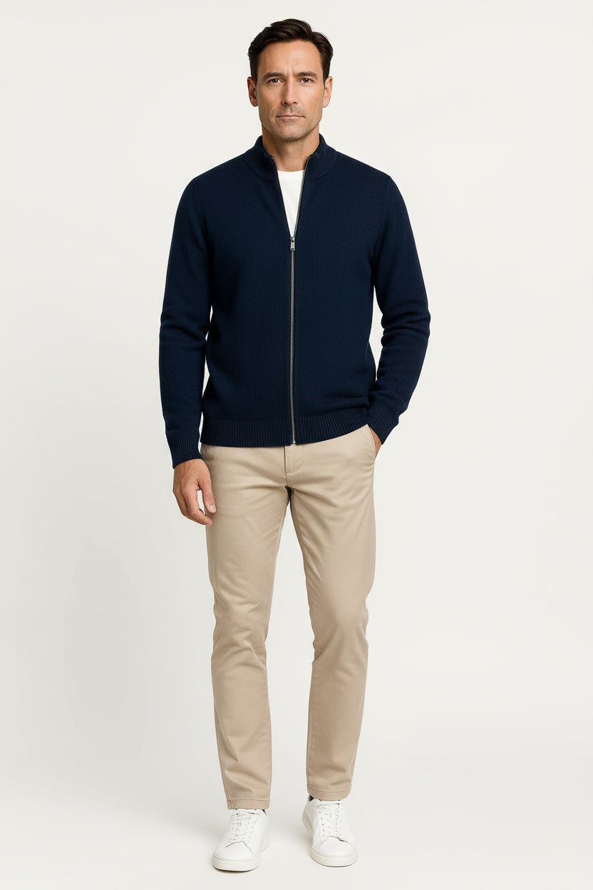 Men's Cardigan Sweater Thick Wool Mock Neck Zipper 0