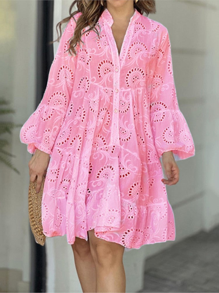 Women's Boho Mini Dress Button Front Short Sleeve Floral Print