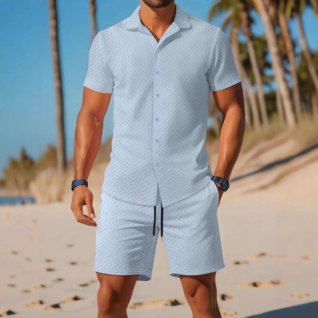 Men's Slim Fit Shirt and Shorts Set – Embossed – Breathable – Casual Wear