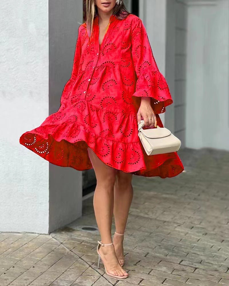 Women's Boho Mini Dress Button Front Short Sleeve Floral Print