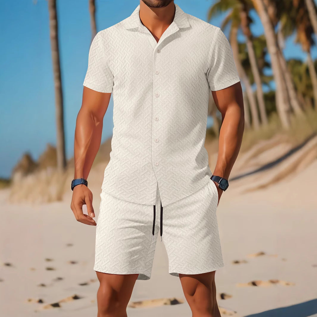 Men's Slim Fit Shirt and Shorts Set – Embossed – Breathable – Casual Wear