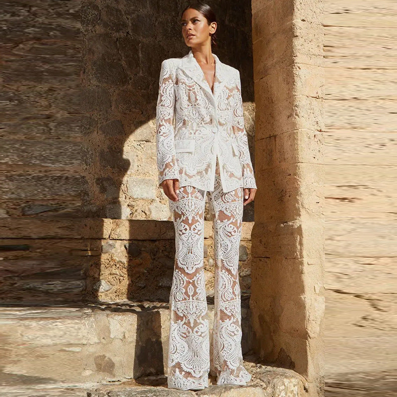 Women's Two-Piece Blazer Trousers Set | Sequin Detail