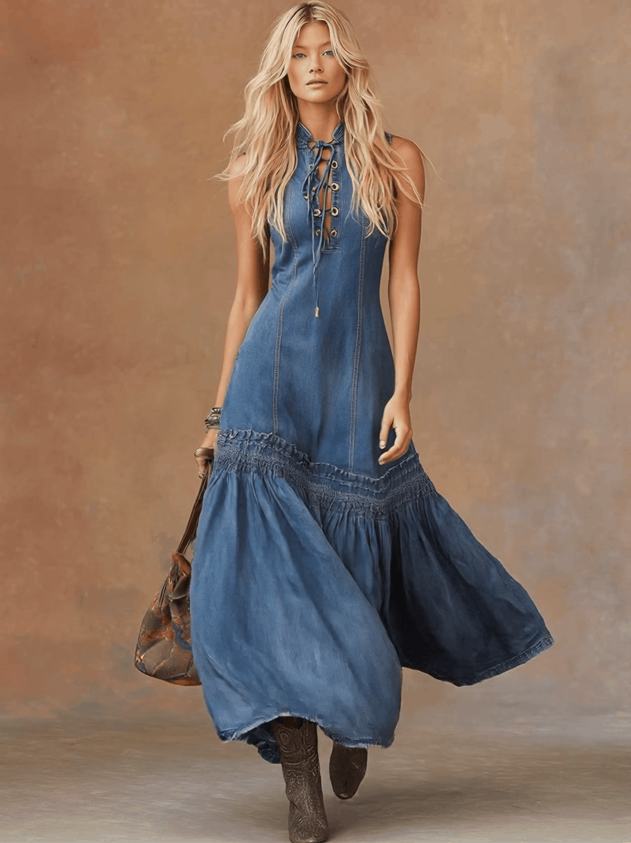 Women's Maxi Dress Tie-Neck Sleeveless Bubble Hem Denim
