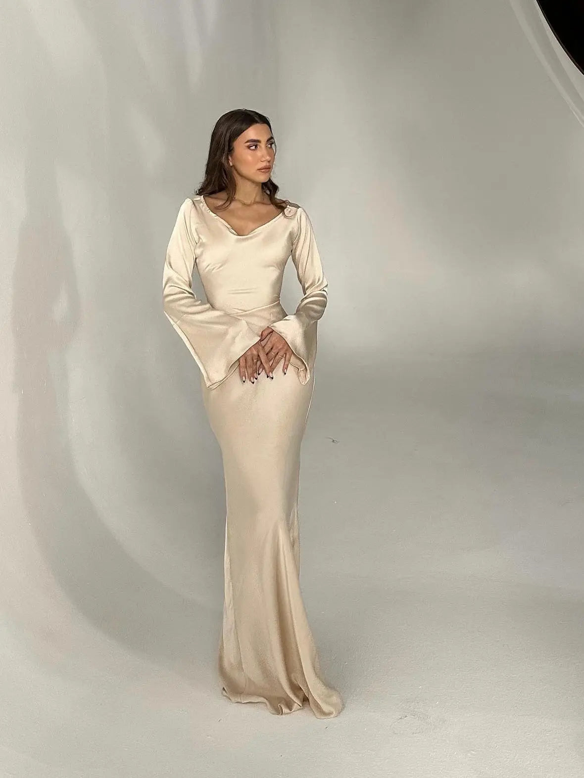 Women's Maxi Dress Long Sleeve Formal Gown Satin