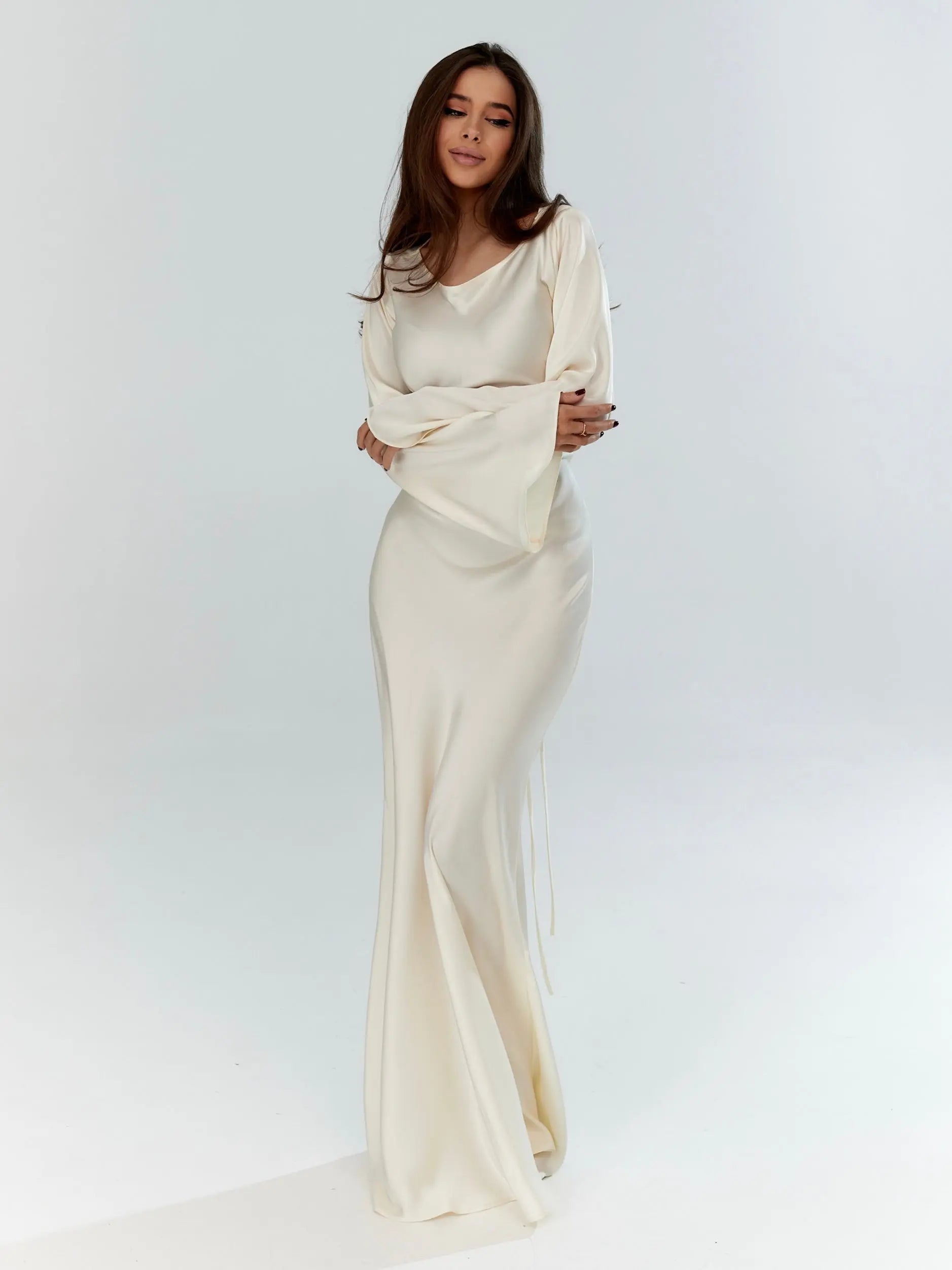 Women's Maxi Dress Long Sleeve Formal Gown Satin